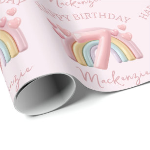 Shiny 3D Rainbow 7th Birthday Party For Girl Pink Wrapping Paper