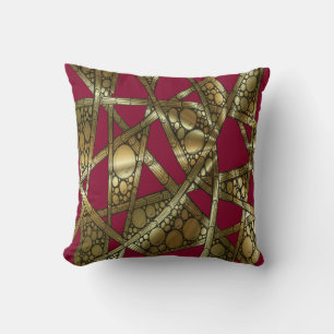 Shiny Abstract Bamboo & Bubbles Red and Gold Throw Pillow