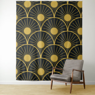 Shiny Art Deco Gold Sun Pattern on Black Tapestry