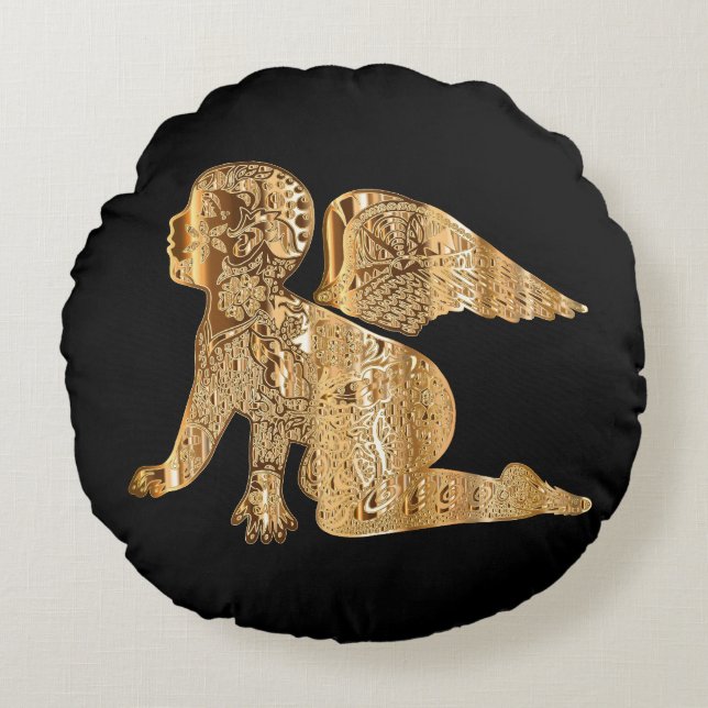 Shiny Baby Angel Wings Black Gold Angelic Round Pillow (Front)