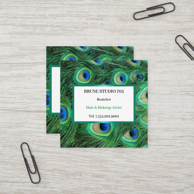 Shiny Big Peacock Feathers Square Business Card (Front/Back In Situ)