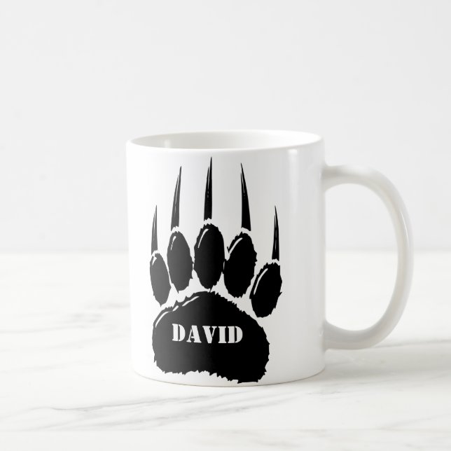Shiny Black Bear Paw Print Custom Name Coffee Mug (Right)