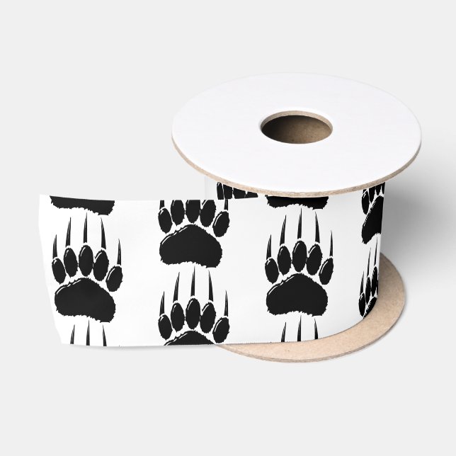 Shiny Black Bear Paw Print Satin Ribbon (Spool)