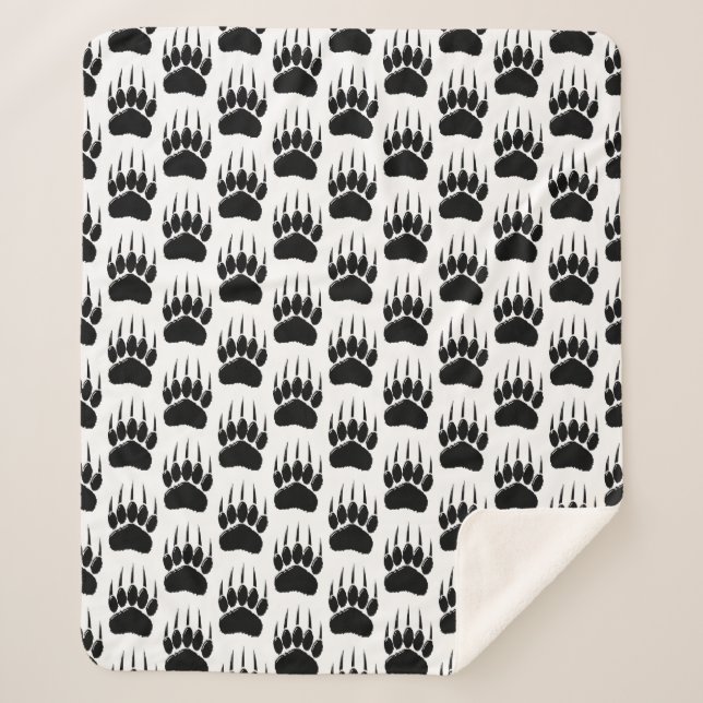 Shiny Black Bear Paw Print Sherpa Blanket (Front)