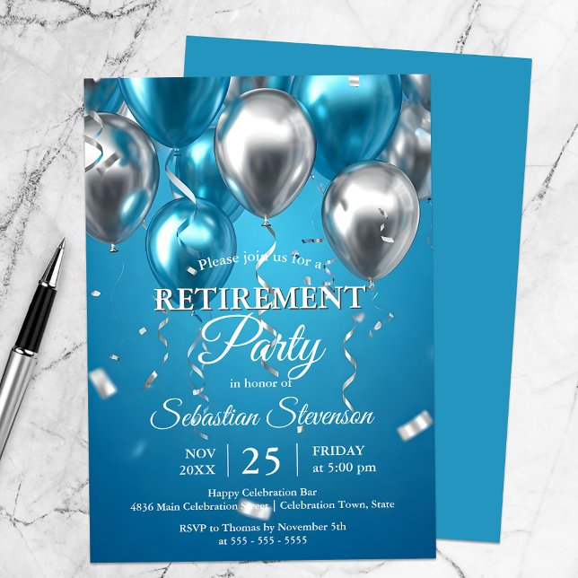 Shiny Blue and Silver Balloons Retirement Party Invitation (Creator Uploaded)