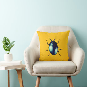 Shiny Blue Beetle Illustration Throw Pillow