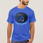 Shiny Blue Chanukkah Menorah T-Shirt<br><div class="desc">A modernistic, metallic, blue Chanukkah menorah, featuring a lion in silhouette, against a dark, night-like background. All nine of the candles are lit. Hebrew text reading "Chag Chanukkah Sameach" (Happy Hanukkah) also appears in glowing blue and white.</div>
