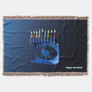Shiny Blue Chanukkah Menorah Throw Blanket