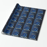 Shiny Blue Chanukkah Menorah Wrapping Paper<br><div class="desc">A modernistic,  metallic,  blue Chanukkah menorah,  featuring a lion in silhouette,  against a dark,  night-like background. All nine of the candles are lit. Text reading "Happy Hanukkah" also appears in glowing blue and white.</div>