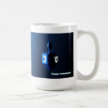 Shiny Blue Dreidel Coffee Mug<br><div class="desc">A modernistic,  metallic blue dreidel against a dark,  night-like background.  Two of the Hebrew letters found on a dreidel,  nun and shin,  glow brightly.  Text reading "Happy Hanukkah" also appears in glowing blue and white.</div>