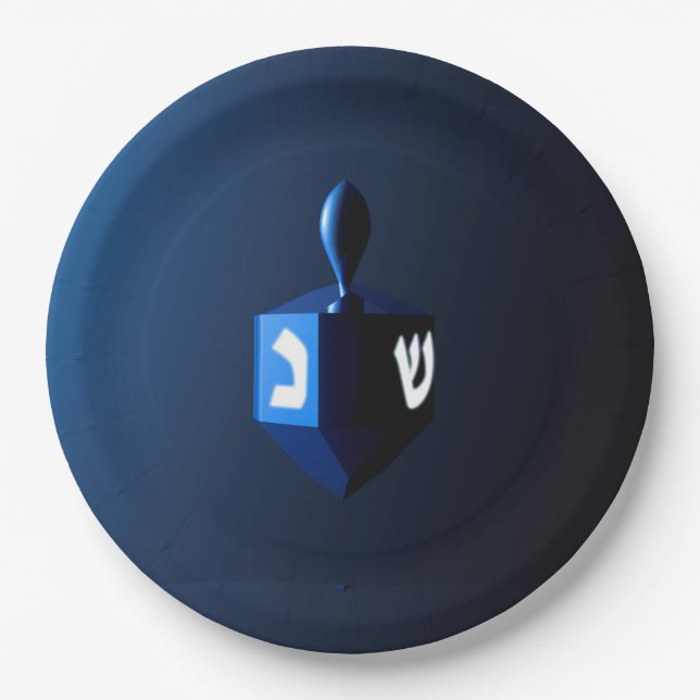 Shiny Blue Dreidel Paper Plate (Front)