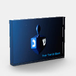 Shiny Blue Dreidel Photo Block<br><div class="desc">A modernistic, metallic, blue dreidel against a dark, night-like background. Two of the Hebrew letters found on a dreidel, nun and shin, glow brightly. Add your own text.</div>
