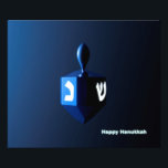 Shiny Blue Dreidel Photo Print<br><div class="desc">A modernistic,  metallic blue dreidel against a dark,  night-like background.  Two of the Hebrew letters found on a dreidel,  nun and shin,  glow brightly.  Text reading "Happy Hanukkah" also appears in glowing blue and white.</div>