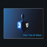 Shiny Blue Dreidel Postcard<br><div class="desc">A modernistic,  metallic blue dreidel against a dark,  night-like background.  Two of the Hebrew letters found on a dreidel,  nun and shin,  glow brightly.  Add your own text.</div>