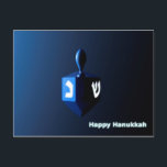 Shiny Blue Dreidel Postcard<br><div class="desc">A modernistic,  metallic blue dreidel against a dark,  night-like background.  Two of the Hebrew letters found on a dreidel,  nun and shin,  glow brightly.  Text reading "Happy Hanukkah" also appears in glowing blue and white.</div>