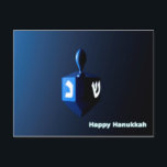 Shiny Blue Dreidel Postcard<br><div class="desc">A modernistic,  metallic blue dreidel against a dark,  night-like background.  Two of the Hebrew letters found on a dreidel,  nun and shin,  glow brightly.  Text reading "Happy Hanukkah" also appears in glowing blue and white.</div>