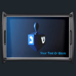 Shiny Blue Dreidel Serving Tray<br><div class="desc">A modernistic, metallic blue dreidel against a dark, night-like background. Two of the Hebrew letters found on a dreidel, nun and shin, glow brightly. Add your own text.</div>
