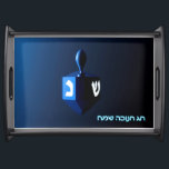 Shiny Blue Dreidel Serving Tray<br><div class="desc">A modernistic, metallic blue dreidel against a dark, night-like background. Two of the Hebrew letters found on a dreidel, nun and shin, glow brightly. Hebrew text reading "Chag Chanukkah Sameach" (Happy Hanukkah) also appears in glowing blue and white.</div>