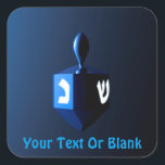 Shiny Blue Dreidel Square Sticker<br><div class="desc">A modernistic,  metallic blue dreidel against a dark,  night-like background.  Two of the Hebrew letters found on a dreidel,  nun and shin,  glow brightly.  Add your own text.</div>