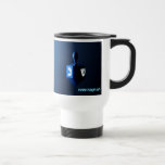 Shiny Blue Dreidel Travel Mug<br><div class="desc">A modernistic,  metallic blue dreidel against a dark,  night-like background.  Two of the Hebrew letters found on a dreidel,  nun and shin,  glow brightly.  Hebrew text reading "Chag Chanukkah Sameach" (Happy Hanukkah) also appears in glowing blue and white.</div>