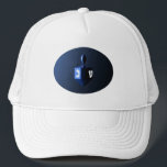 Shiny Blue Dreidel Trucker Hat<br><div class="desc">A modernistic,  metallic blue dreidel against a dark,  night-like background.  Two of the Hebrew letters found on a dreidel,  nun and shin,  glow brightly.</div>