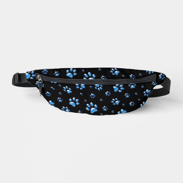 Shiny Blue Paws on black Background Print Pattern Fanny Pack (Front)