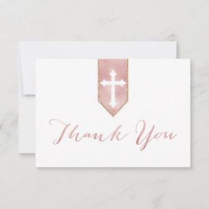 Shiny Blush Rose Script Baptism Cross Thank You Card