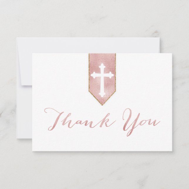 Shiny Blush Rose Script Baptism Cross Thank You Card (Front)