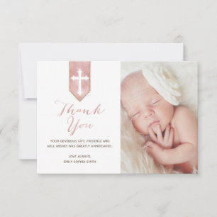 Shiny Blush Rose Script Baptism Thank You Photo Card