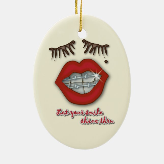 Shiny Braces, Red Lips, Mole, and Thick Eyelashes Ceramic Ornament (Back)