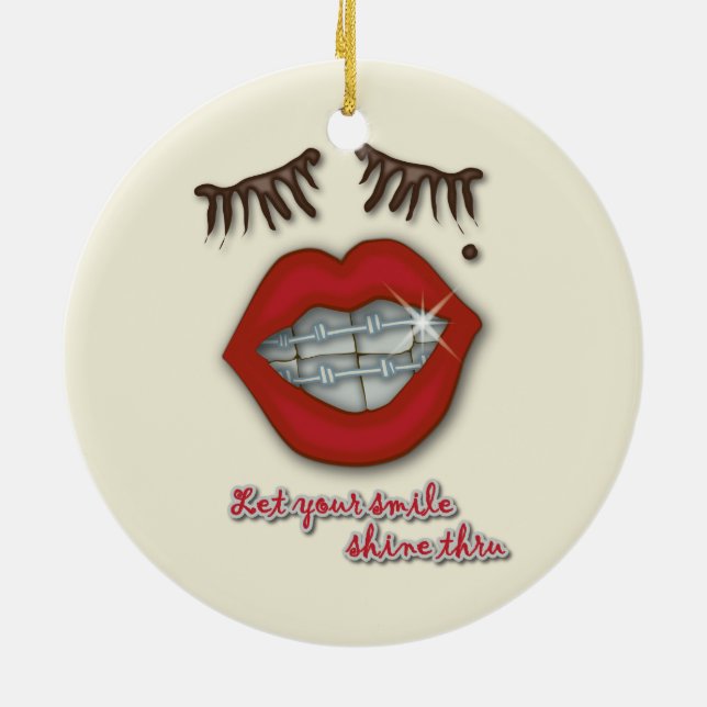 Shiny Braces, Red Lips, Mole, and Thick Eyelashes Ceramic Ornament (Back)