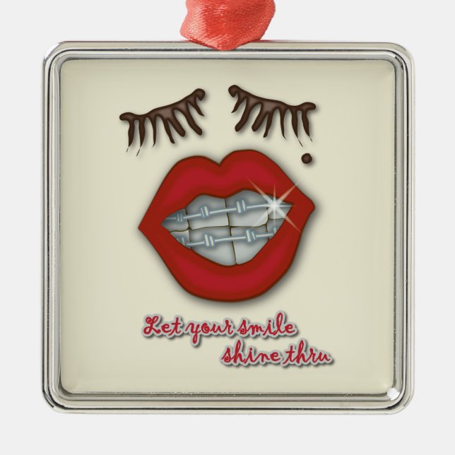 Shiny Braces, Red Lips, Mole, and Thick Eyelashes Metal Ornament (Front)
