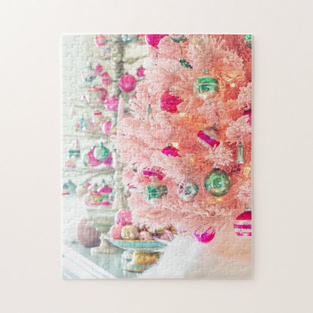 Shiny Brites on Pink Christmas Tree Jigsaw Puzzle (Vertical)
