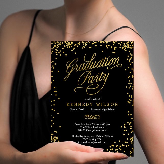 Shiny Confetti Graduation Party Invitation Black (Créateur téléchargé)