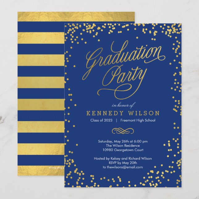 Shiny Confetti Graduation Party Invitation Bleu (Devant / Derrière)