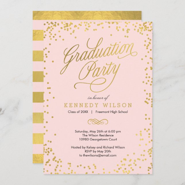 Shiny Confetti Graduation Party Invitation rose (Devant / Derrière)