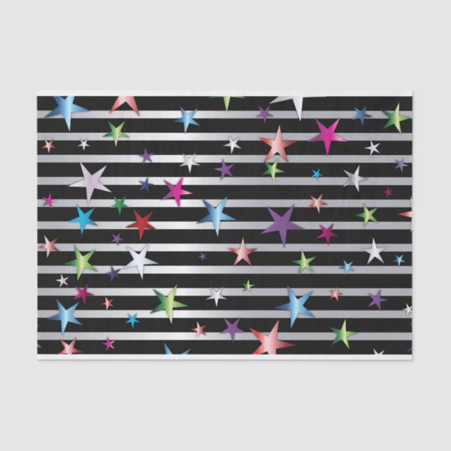 Shiny Confetti Stars On Black and Silver Stripes  Tissue Paper (Front)