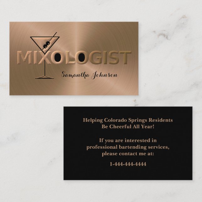 Shiny Copper & Black Event Bartender Business Card (Front/Back)