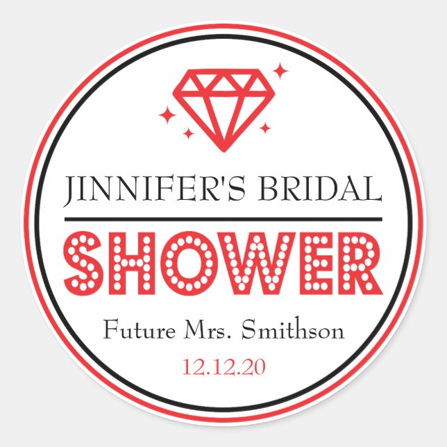 Shiny Diamond Bridal Shower Favour (Red / Black) Classic Round Sticker (Front)