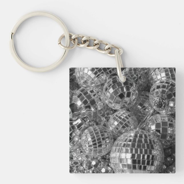 Shiny Disco Ball Ornaments Black and White Photo Keychain (Front)
