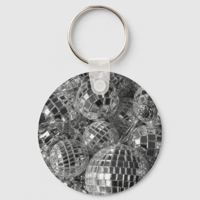 Shiny Disco Ball Ornaments Black and White Photo Keychain (Front)