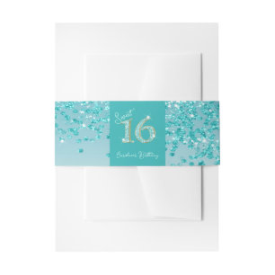 Shiny Falling Teal Blue Glitter Sweet 16 Invitation Belly Band