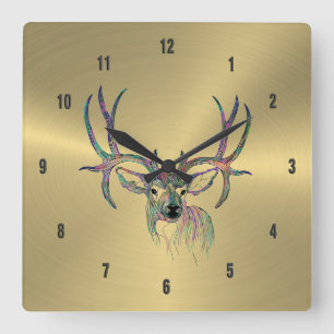 Shiny  Faux Gold& Colourful Deer Illustration Square Wall Clock