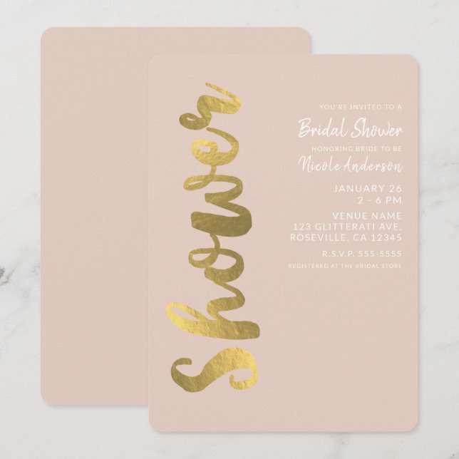 Shiny Faux Gold Foil Beige Glam Bridal Shower Invitation (Front/Back)