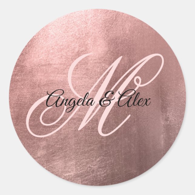 Shiny Faux Rose Gold Foil Fancy Wedding Monogram Classic Round Sticker (Front)
