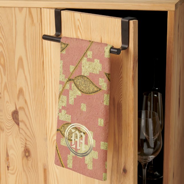 Shiny Floral Pink Monogrammed Kitchen Towel (Thirds Fold)