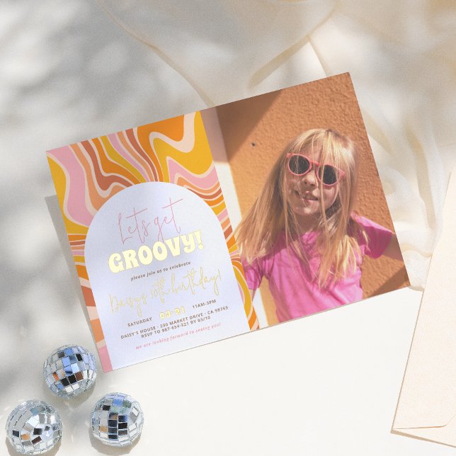 Shiny Get Groovy Pink Orange Photo Birthday Party (Creator Uploaded)