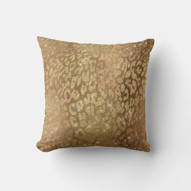 Shiny Glam Gold Metallic Steel Leopard Animal Skin Throw Pillow (Front)