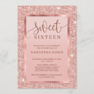 Shiny glamour rose gold glitter sweet sixteen invitation