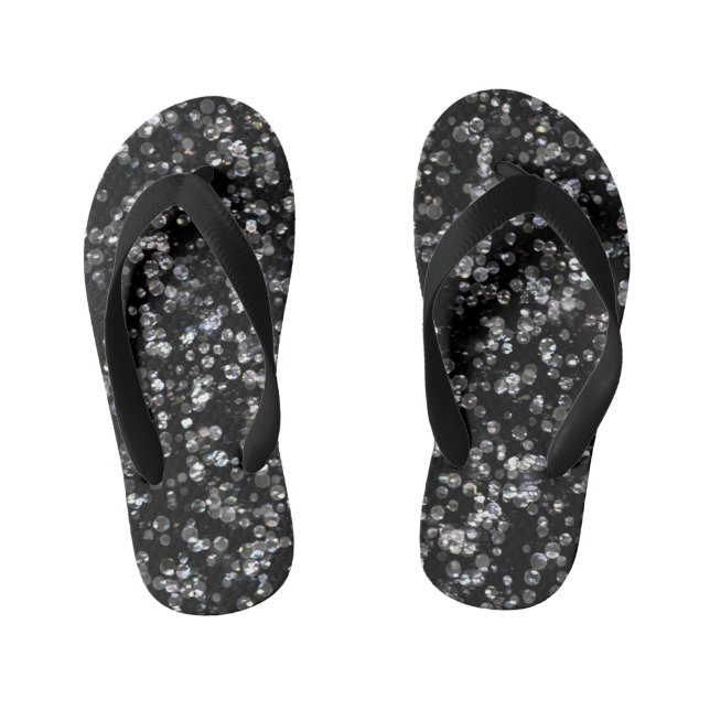 Shiny Glassy Bokeh Glitter Confetti and Black Kid's Flip Flops (Footbed)